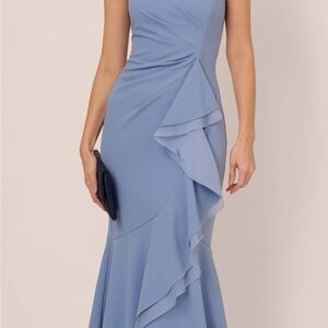 NWT Adrianna Papell Elegant French Blu Ruffle-Front Halter Gown